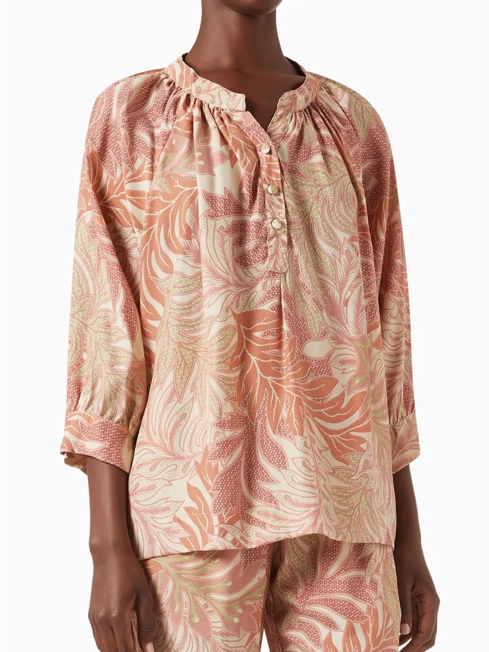 Natalie Martin Silk Beige Palm Print 3/4 Sleeve Remy Popover Blouse Top Medium